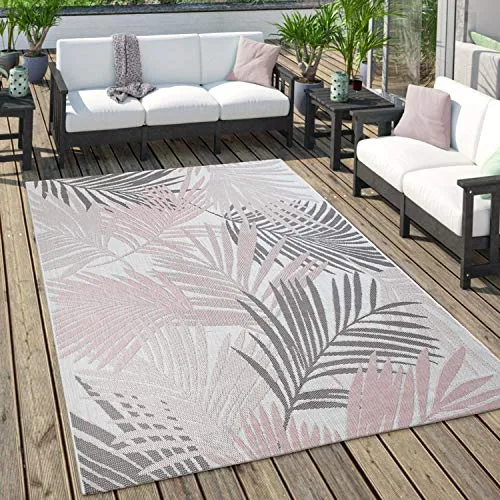 Paco Home Outdoor Teppich Für Terrasse Und Balkon Pastell Palmen Design, Grösse:60x100 cm, Farbe:Rosa