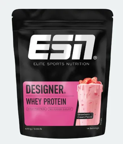 ESN Designer Whey 420g Erdbeer-Creme - Sportnahrung mit 42% hochwertigem Eiweiß, ideal für Fitness-Enthusiasten. Perfekt für eine proteinreiche Ernährung und lecker im Geschmack.