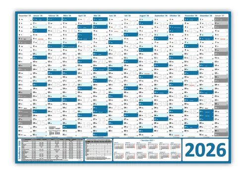 XL Wandkalender DIN A1 2026 blau gerollt Wandplaner Ferien & Feiertage