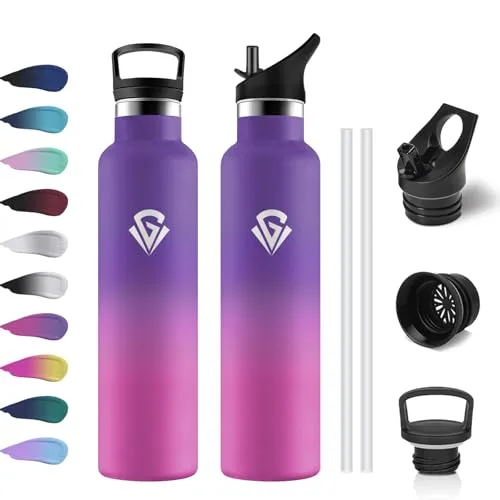 Trinkflasche Edelstahl 1 Liter, BPA-Frei, Thermosflasche mit Strohhalm, Thermoskanne Auslaufsicher, Einhandöffnung, Kohlensäure Geeignet, Wasserflasche für Kinder, Sprudel, Camping, Sprudel, Yoga