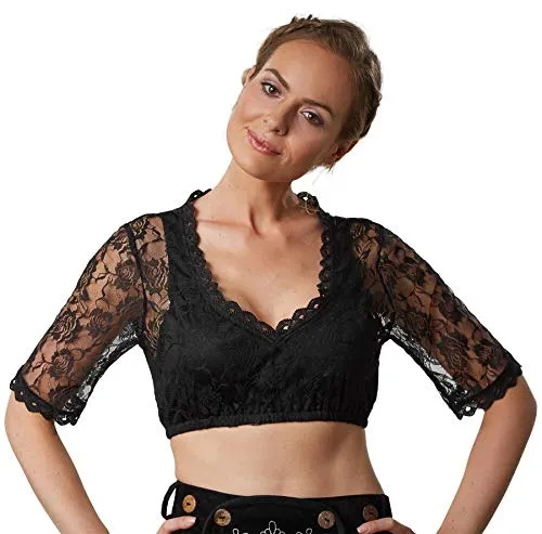 dressforfun 900597 Elegante Dirndlbluse mit Spitzenärmeln - Dirndlbluse für Damen, mit halblangen Ärmeln und elegantem Blumenmuster aus Spitze, ideal für festliche Anlässe und ein stilvolles Outfit.