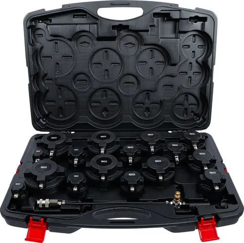 BGS 9585 Turbolader-Ladeluft-System-Prüfkoffer-Satz - 17-teiliges Set zur schnellen und präzisen Überprüfung von Ladesystem-Komponenten bei Turbo-Motoren, ideal für PKW und Nutzfahrzeuge. Inklusive Druckuhr und Sicherheitsventil für zuverlässige Diagnosen.