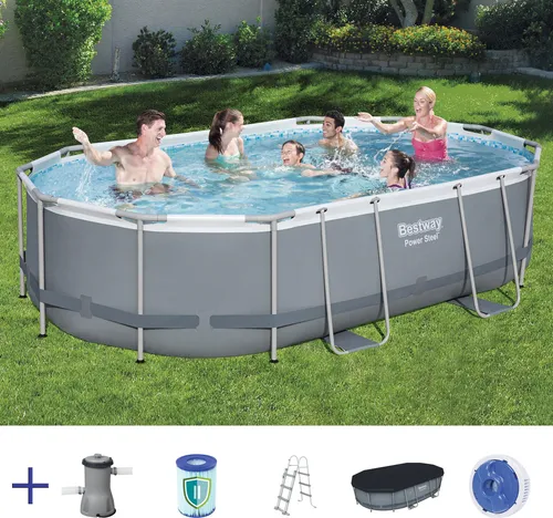 BESTWAY Power Steel Frame Pool Swimmingpool mit Pumpe Leiter Cover 488x305x107cm