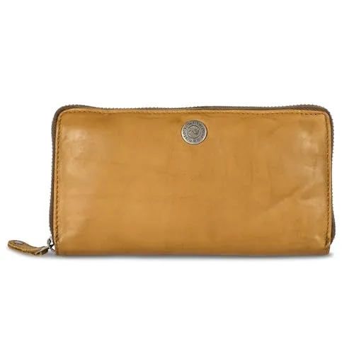 Cas8 Geldbörse MALU, Damen Portemonnaie aus gewaschenem Leder, mit praktischen Kleingeld- sowie Kartenfächern, Portmonee im Used-Look mit Reißverschluss, Curry