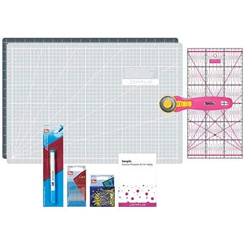 SEMPLIX Patchwork Starter Set mit Schneideunterlage (A3), Rollschneider Maxi, Lineal + Nähnadeln, Stecknadeln & Trickmarker (grau/pink)