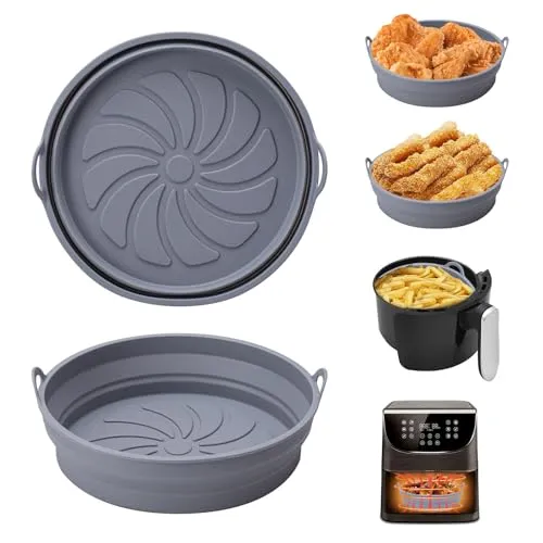 Alyvisun Silikonformen für Luftfritteuse, 2 Stück, Zubehör für Air Fryer Behälter, wiederverwendbarer Korb, rund, Matte Formen für Airfryer, Mikrowelle, Backofen (hellgrau)