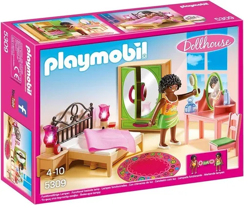 PLAYMOBIL Schlafzimmer mit Schminktischchen (5309) - Beige - Playmobil Puppenhaus-Zubehör für Kinder ab 4 Jahren, inkl. funktionierenden Nachttischlampen und umfangreichem Zubehör für kreatives Spielen.