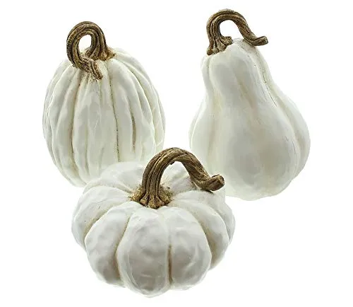 FRANK FLECHTWAREN Kürbis White 3er Set - Sammlerfiguren: Elegante cremeweiße Kürbisse mit braunen Akzenten, ideal für eine stilvolle Herbstdeko und gemütliche Atmosphäre.