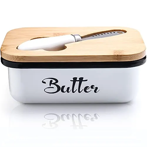 Edelstahl Butterdose mit Holzdeckel und Buttermesser - Praktische Butterdose aus Edelstahl mit Holzdeckel, inklusive multifunktionalem Buttermesser. Hält Ihre Butter frisch und schützt vor Gerüchen. Ideal für eine stilvolle Küche!