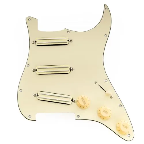 Musiclily Pro-SE ST-DPHA SSS Vorverdrahtetes Schlagbrett Pre-Wired Pickguard mit Alnico 5 Mini Rail Humbucker für Strat Style E-Gitarre, 3-lagig Creme
