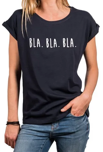 MAKAYA Print-Shirt Damen Kurzarm Basic Sommer Oberteile Sexy Elegant Lustig Spruch Bla (Schriftzug, Schwarz, Blau, Grau) Baumwolle