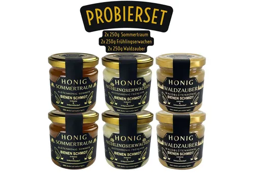 Honig Probier Set 250g - 2x Sommertraum, 2x Frühlingserwachen & 2x Waldzauber - Brotaufstriche - Entdecken Sie 6x 250g Gläser feinster deutscher Imkerhonige, ideal für jeden Geschmack und perfekt zum Verschenken.