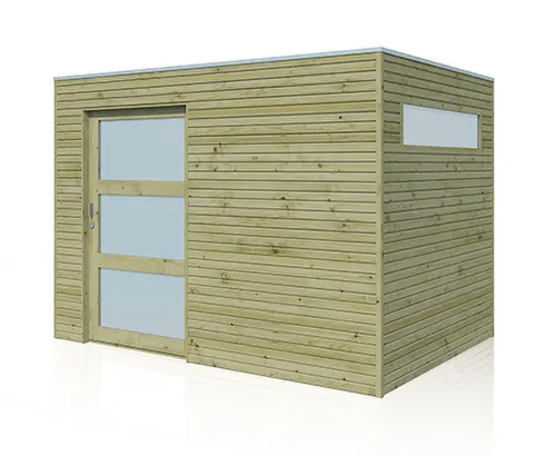 Gartenhaus Modell QBS-Line 6,30 m² mit Anbau - Robustes Gartenhaus aus kesseldruckimprägniertem nordischem Fichtenholz. Mit 28 mm starken Wänden und wetterfestem Dach bietet es optimalen Schutz und eine moderne Optik. Ideal für die Aufbewahrung von Gartengeräten.