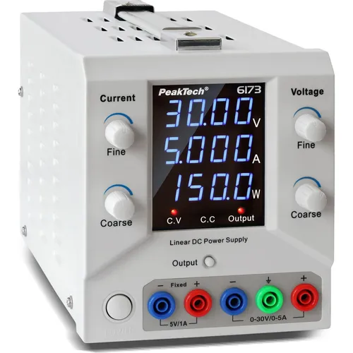 PEAKTECH 6173 Labornetzgerät 0-30V, 0-5A, 150W - Leistungsstarkes Labornetzgerät mit linearer Regelung für präzise Spannungs- und Stromkontrolle. Ideal für Elektronikprojekte und Ausbildung, bietet es stabile und rauscharme Energieversorgung.
