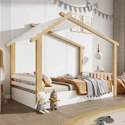 Holzbetten Kinderbett 90x190cm – Exquisites Holzhausdesign in Weiß und Natur - Entdecken Sie unser Holzbett im einzigartigen Holzhausdesign, ideal für Kinderzimmer und Gästezimmer. Mit stabilen Lattenrosten und harmonischer Farbgebung vereint es Stil und Funktionalität.