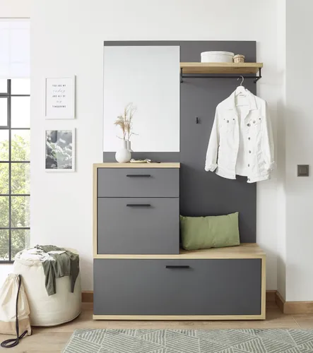 Kompaktgarderobe „Louis“ in Dunkelgrau - 115x198x38cm - Entdecken Sie die elegante Kompaktgarderobe „Louis“ für Ihren Eingangsbereich. Mit durchdachter Aufteilung und hochwertiger Verarbeitung bietet sie stilvollen Stauraum und praktische Funktionen.