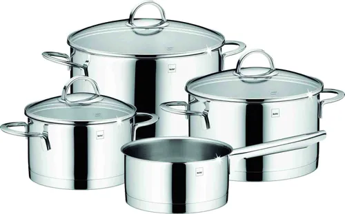Kela 10969 Kochtopf-Set 4tlg. Cailin - Elegantes Kochtopf-Set aus rostfreiem Edelstahl mit 3 Glasdeckeln, induktionsgeeignet und optimaler Wärmeverteilung für energiesparendes Kochen.