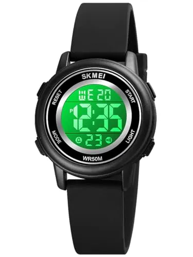 Alienwork Seven-Color LED Digital Kinderuhr Jungen Mädchen Schwarz Silikon-Armband Kalender Mehrfarbig Chronograph Sportlich Multi-Funktion