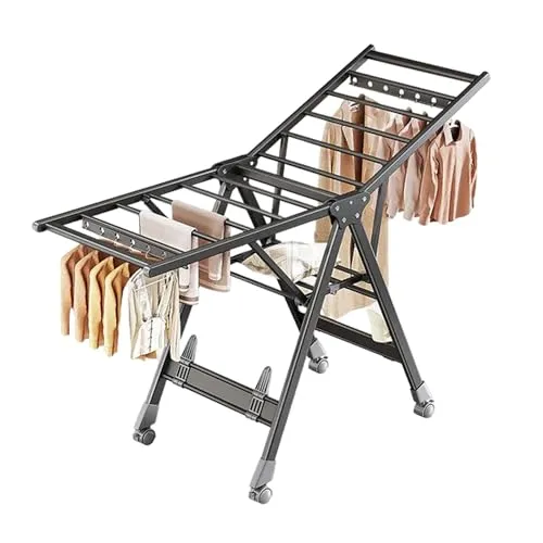 JOYBOS Multifunktionaler Wäscheständer aus Aluminium, faltbar, Schwarz - Wäscheständer aus Aluminium, faltbar und platzsparend. Ideal für große Wäschemengen mit drei Ebenen und zwei Stangen für empfindliche Kleidung.