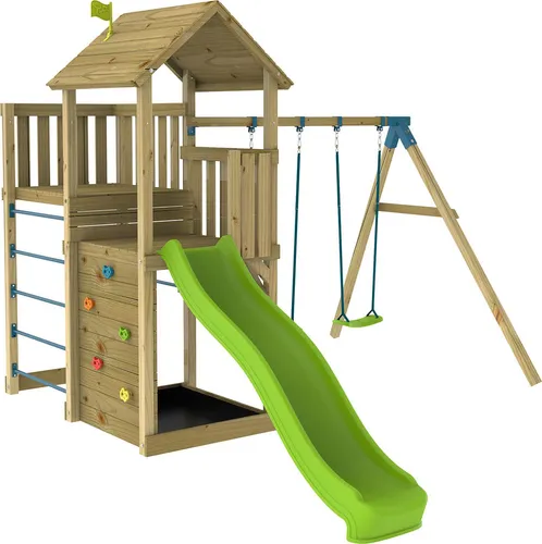 TP Toys Wolkenkratzer 5 - Spielturm mit Rutsche & Schaukel für den Garten - Der TP Toys Wolkenkratzer 5 ist der ideale Spielturm mit Rutsche und Schaukel für deinen Garten. Fördert spielerisch die Bewegung und Kreativität deines Kindes mit Kletterwand und Sandkasten!