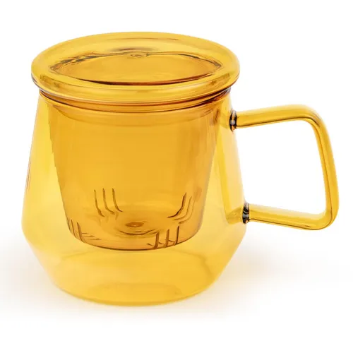 Gelbes Teeglas 350 ml mit Filter Glasdeckel für 1 Person Glastasse für losen Tee