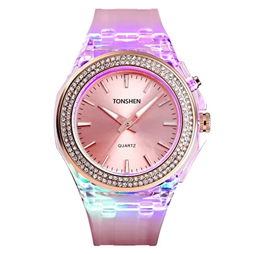 TONSHEN Damen und Mädchen Fashion Analog Quarz Uhren 50M Wasserdicht Plastik Lünette und Kautschuk Band Armbanduhr (Rose)