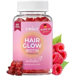 yuicy Biotin Gummies für Haarwachstum Hair Glow (Himbeere) - Fettlösliche Vitamine für Haarwachstum - Leckere, zuckerfreie Gummies mit Biotin für starke Haare und gesunde Nägel, entwickelt für schnelle Ergebnisse und hergestellt in Deutschland.