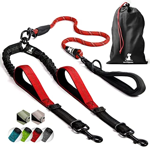 Hundeleine für 2 Hunde mit Bungee Verlängerung für Große und Mittelgroße Hunde mit Ruckdämpfer | Reflektierende Elastische Hundeleine zum Spazierengehen (Rot)