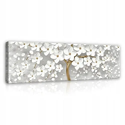 WallArena - Leinwand Bilder - Abstrakt Blumen Baum gold Blumen weiß - 145x45 cm Leinwandbilder - Bild auf leinwand - Wandbild XXL groß Wandbilder für Wohnzimmer Schlafzimmer Wohnzimmerbilder Modern
