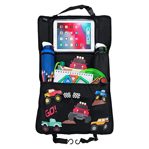 HECKBO 1x Kinder Autositz Organizer mit verstellbarer Tablet Tasche, Aufbewahrung für Zubehör – Monster Truck Motiv - universal - 70x45cm – inkl. Getränkehalter + Aufbewahrungsnetz