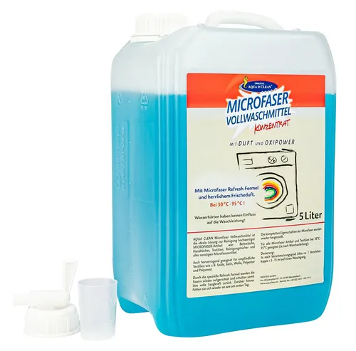 AQUA CLEAN Microfaser Vollwaschmittel 5l Konzentrat - Waschmittel für Microfaser und empfindliche Textilien, mit Refresh-Formel für optimale Saugkraft und Frische. Ideal für Bettwäsche, Handtücher und mehr, bei 30°C-95°C einsetzbar.