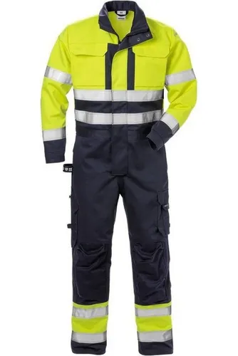 Fristads Flame High Vis Overall Kl. 3 8084 FLAM 125949 - Warnschutz-Gelb/Marine - S - Zertifizierter Flammschutz-Overall für Schweißarbeiten, strapazierfähig und bequem. Mit vielen praktischen Taschen und verstellbaren Elementen, ideal für den professionellen Einsatz. Geeignet für 50 industrielle Wäschen.