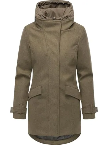 Ragwear Damen lange Winterjacke in Wollmantel Optik Trenchcoat mit Kapuze gefütterter Parka Petuja Felt YOUMODO Mocca Gr. M