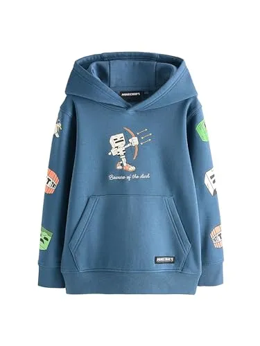 NEXT Jungen Minecraft Kapuzensweatshirt Blau 98- - Kapuzenpullover für Jungen mit regulärer Passform, coolen Minecraft All-over Print und praktischer Kängurutasche, perfekt für kleine Gamer.