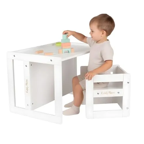 KiddyMoon Kindertisch Mit Stuhl 2-In-1 Runde Kanten Kindermöbel Leicht Zu Reinigen, Weiß