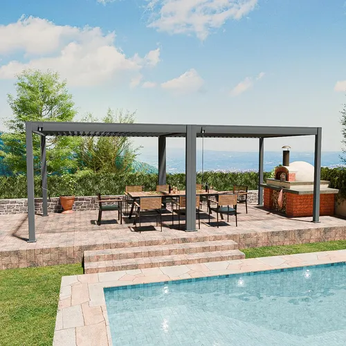 Classic Pergola Aluminium freistehend 3 x 7,2 m anthrazit - Stilvolle freistehende Doppel-Pergola in Anthrazit (3 x 7,2 m) mit verstellbaren Lamellen für individuellen Lichteinfall. Robustes Aluminium sorgt für Langlebigkeit und Witterungsbeständigkeit – ideal für moderne Außenbereiche.