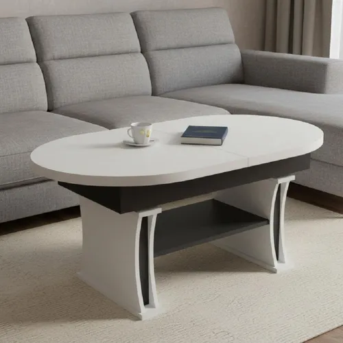 DA-130 Ovaler Couchtisch Weiß matt / Schwarz matt, ausziehbar und höhenverstellbar