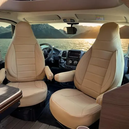 Auto Interieur Meester Sitzbezüge passend Kompatibel FIAT Ducato Wohnmobil 2-teiliges Set für Fahrer & Beifahrer mit Armlehnenbezügen,kompatibel mit Pössl, Knaus, Adria, Carthago u.a Kunstleder Beige