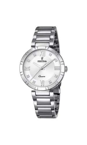 Festina Damen Analog Quarz Uhr F16936/A - Elegante Armbanduhr mit 32,5 mm Edelstahlgehäuse, silbernem Ziffernblatt und klaren Kristallen, ideal für jeden Anlass. Wasserdicht bis 5 bar.