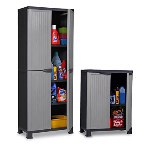Kreher Set: Großer + mittlerer Kunststoffschrank der Noble-Serie mit verstellbaren Einlegeböden und je 20kg Tragkraft Schwarz