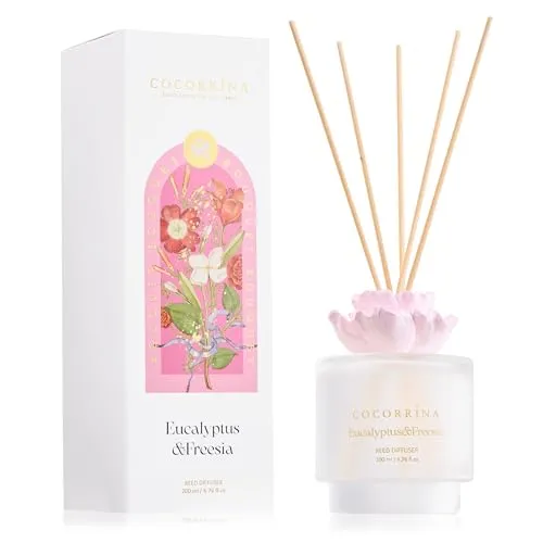 COCORRÍNA Raumduft mit 8 Duftstäbchen 200ml, Eucalyptus & Freesia, Langanhaltend, Home Duft für Badezimmer, Wohnzimmer, Schlafzimmer, Regal Dekor (Gipsblume)