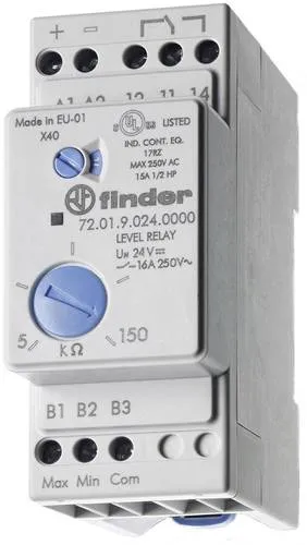 Finder 72.01.8.240.0002 Niveauüberwachung - Universalrelais für DIN-Schiene, ideal für Füll- oder Entleerungsüberwachung mit einstellbarer Empfindlichkeit und LED-Statusanzeige.