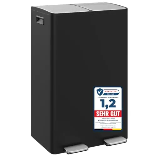 WELLGRO Mülleimer Küche 60 Liter - Edelstahl Tretmülleimer schwarz 2 Fächer, Mülltrennsystem 2 x 30 Liter, Absenkautomatik, klappbare Fußpedale