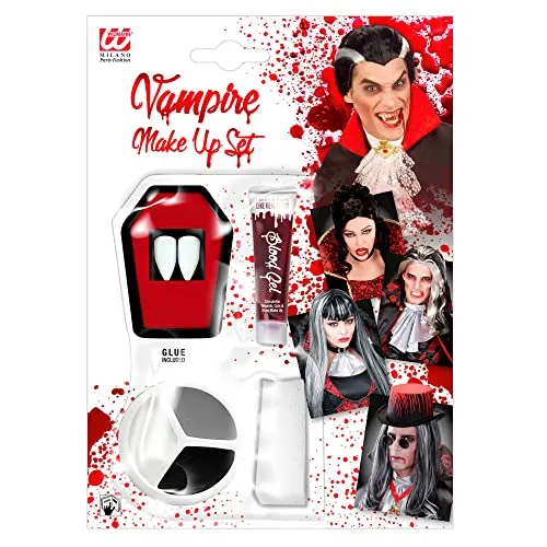 W WIDMANN MILANO Party Fashion 4100V - Make-Up Set Vampir, 2 Eckzähne zum Kleben im Sarg, Blutgel 3 ml, 3 Make-Up Farben 4,5 ml, Schwämme, Mottoparty, Karneval, Halloween