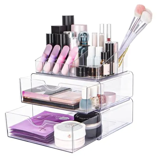 Creahaus Make up Organizer transparent kosmetik organizer Acrylic Makeup Organizer Box Aufbewahrung mit Schubladen und Fächern für Waschtische Schminktisch für Organisieren Kosmetik Lippenstif