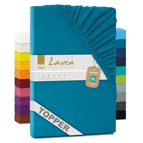 Lavea® Jersey Topper Spannbettlaken, Spannbetttuch, Serie Maya, 100% Baumwolle, hochwertige Verarbeitung, mit Gummizug und OekoTex100 180x200cm | 200x200cm, Aquamarin