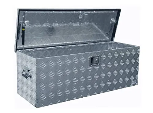 Truckbox D160 Werkzeugkasten - Alubox für den Transport - Robuste Deichselbox aus Alu Riffelblech mit 160 Liter Volumen, ideal für Handwerk und Transport, ausgestattet mit 3 vernieteten Scharnieren und 2 seitlichen Griffen.