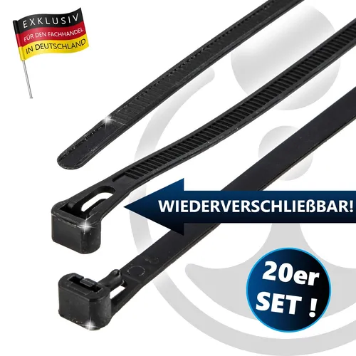 Kabelbinder 7,2 mm x 350 mm, wiederverschließbar, 20 Stück, schwarz, UV-beständi