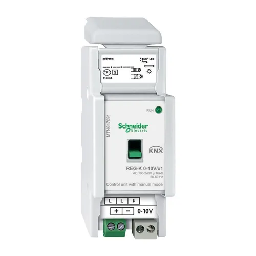 Schneider Electric MTN647091 Steuereinheit 0-10V REG-K/1fach - Schneider Magelis, ideal zur Ansteuerung von 0-10 V-Geräten über KNX, bietet Handbetätigung und einfache Installation mit integrierten Busankopplern.