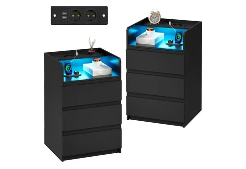 BEWISHOME Nachttisch mit LED-Beleuchtung und USB-Anschlüssen, 40x35x68cm